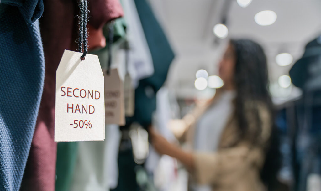 Frau stöbert in Second Hand Kleidung. im Vordergrund hängt en Preisschild mit 50% Ermäßigung